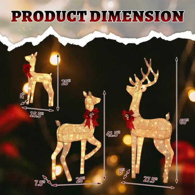 Alt view image 7 of 7 - Yescom 3-Piece 5FT Pre-lit Christmas Reindeer Family Set with 290 LED Lights for Outdoor Indoor Home Yard Lawn Decorations, Golden