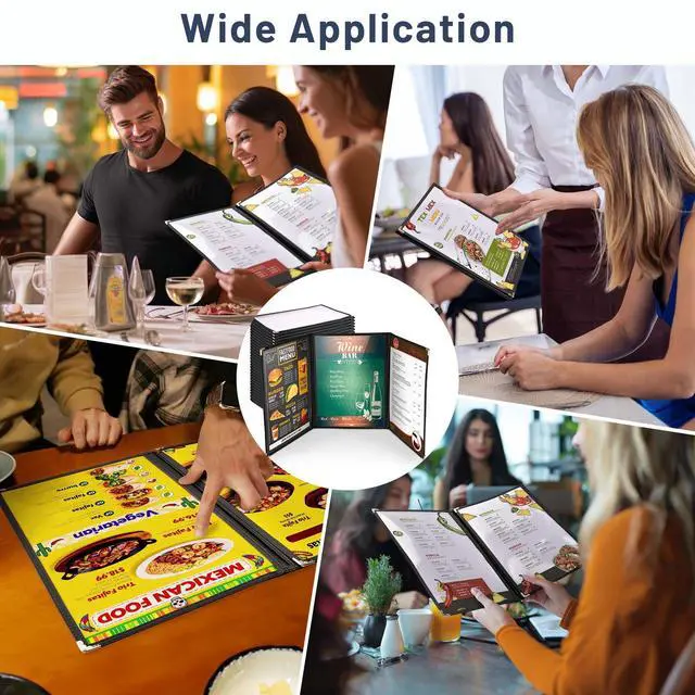 Alt view image 3 of 7 - WeChef 30 Pack Restaurant Menu Cover 8.5x11" Triple Fold 6 View  Double Stitch Bar Cafe Black