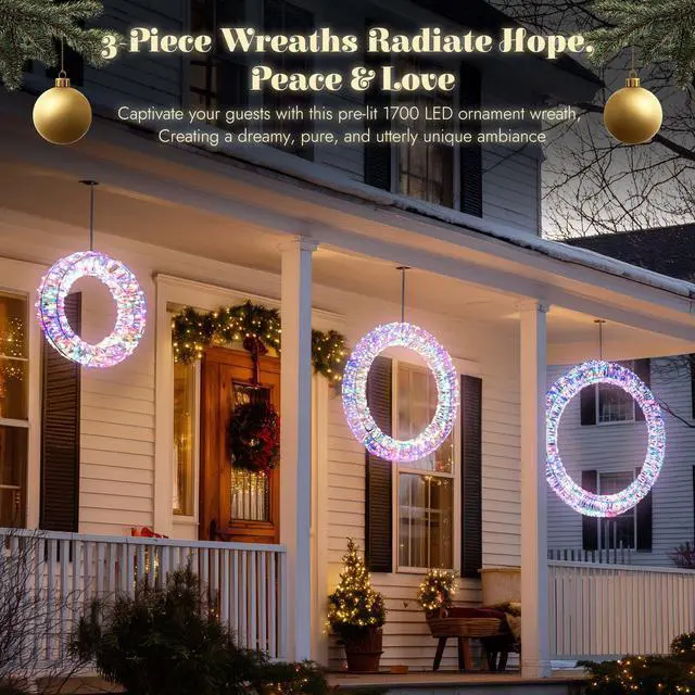 Alt view image 4 of 7 - Yescom 3 Pcs Pre-Lit 1700 LED Outdoor Lighted Christmas Wreath Decoration Holiday Decor for Home Yard, 2025 Xmas Circular Party Event Lighting