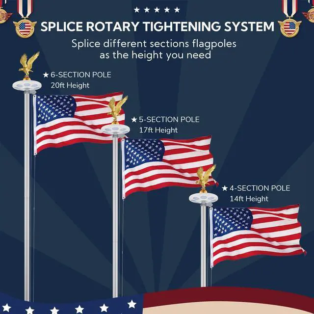 Alt view image 6 of 7 - Yescom 20 Ft Sectional Flag Pole Kit with Solar Light & Deck Mount Bravery MEGA Aluminum Inground Flagpole for Outdoor Patio Dock Side Silver