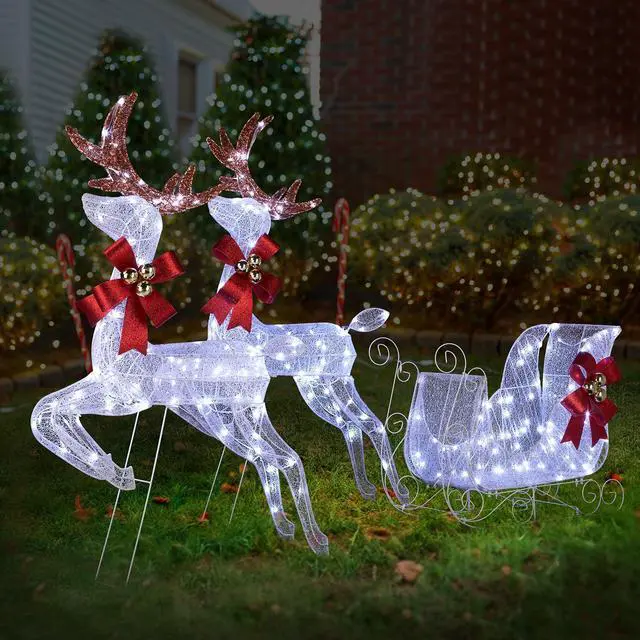 Alt view image 2 of 7 - Yescom 3-Piece Pre-lit Lighted Christmas 2 Reindeer & Sleigh Set with Stakes for Xmas Outdoor Holiday Indoor Decor Lighted Holiday Displays
