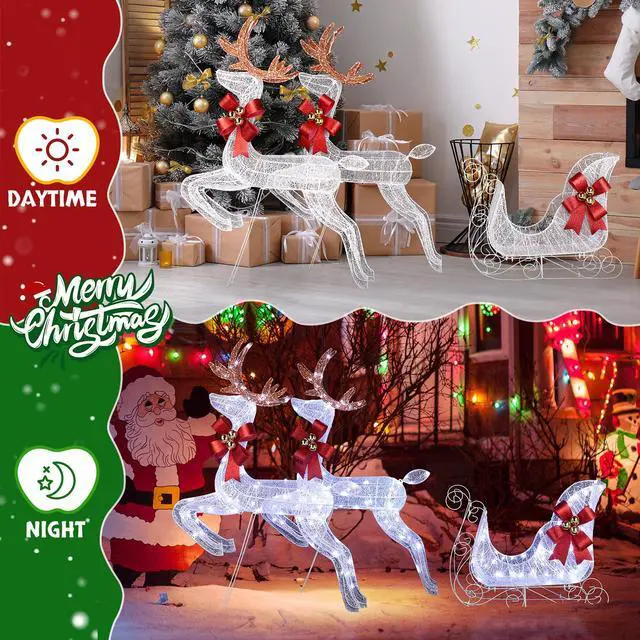 Alt view image 5 of 7 - Yescom 3-Piece Pre-lit Lighted Christmas 2 Reindeer & Sleigh Set with Stakes for Xmas Outdoor Holiday Indoor Decor Lighted Holiday Displays