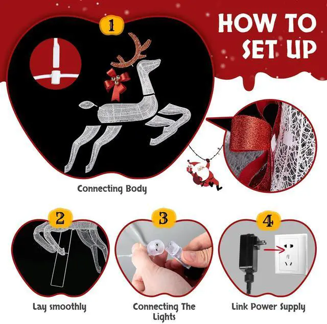 Alt view image 6 of 7 - Yescom 3-Piece Pre-lit Lighted Christmas 2 Reindeer & Sleigh Set with Stakes for Xmas Outdoor Holiday Indoor Decor Lighted Holiday Displays