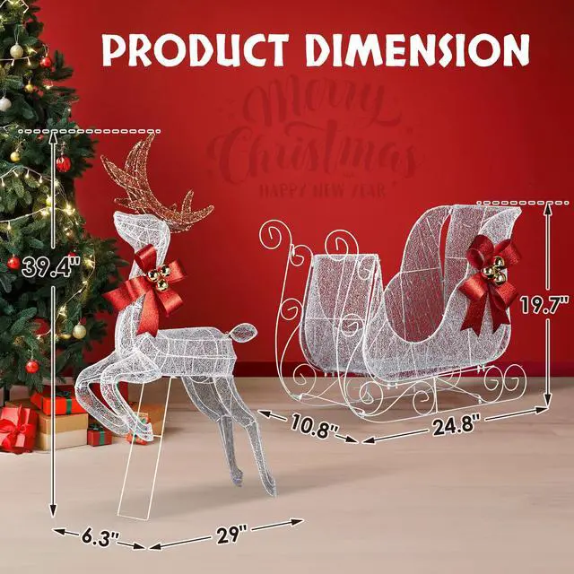 Alt view image 7 of 7 - Yescom 3-Piece Pre-lit Lighted Christmas 2 Reindeer & Sleigh Set with Stakes for Xmas Outdoor Holiday Indoor Decor Lighted Holiday Displays