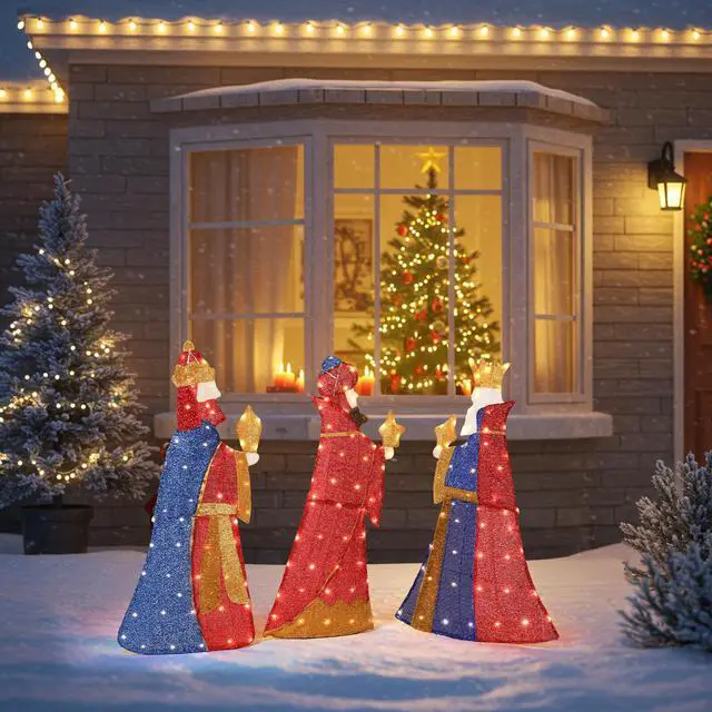 Alt view image 2 of 7 - Yescom 3-Piece Pre-lit Lighted 2D Three Kings with Gifts Christmas Decorations with 80 LEDs for Indoor Outdoor Xmas Decor Holiday Displays
