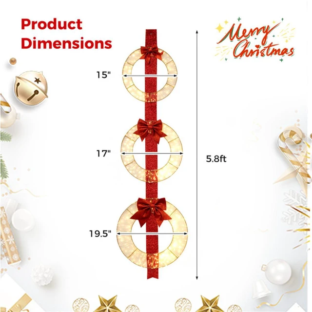 Alt view image 3 of 7 - Yescom Pre-Lit 3 Pcs Christmas Wreath Set with Elegant Red Ribbon for Indoor/Outdoor Holiday Decor Front Door Window Porch Yard