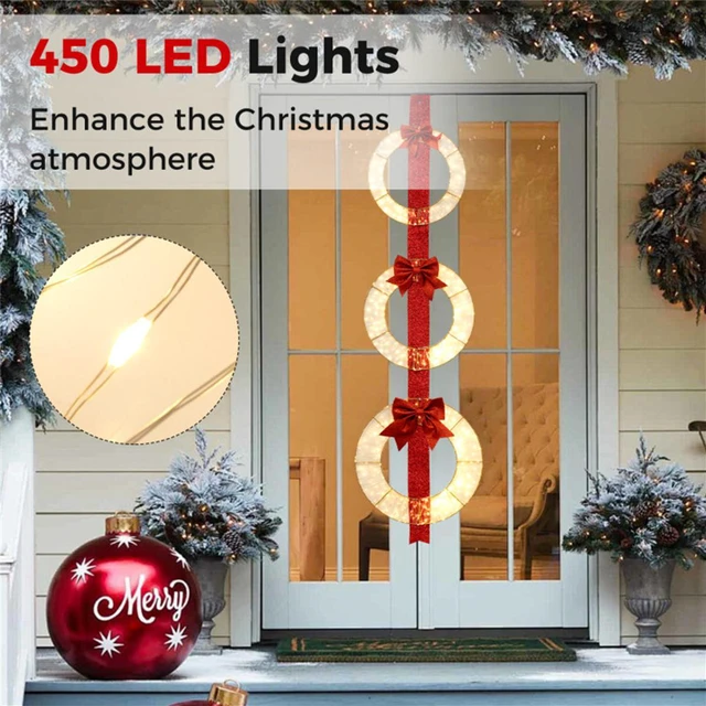 Alt view image 5 of 7 - Yescom Pre-Lit 3 Pcs Christmas Wreath Set with Elegant Red Ribbon for Indoor/Outdoor Holiday Decor Front Door Window Porch Yard
