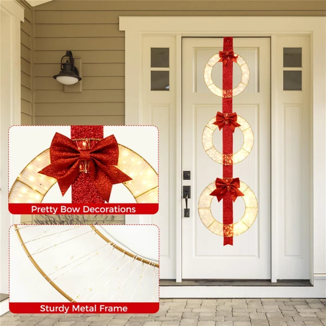 Alt view image 6 of 7 - Yescom Pre-Lit 3 Pcs Christmas Wreath Set with Elegant Red Ribbon for Indoor/Outdoor Holiday Decor Front Door Window Porch Yard