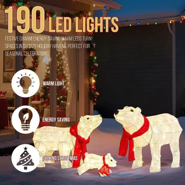 Alt view image 4 of 7 - Yescom 3 Pcs Lighted Christmas Polar Bear Family Decorations with 190 LEDs for Xmas Outdoor Indoor Decor Lighted Holiday Displays