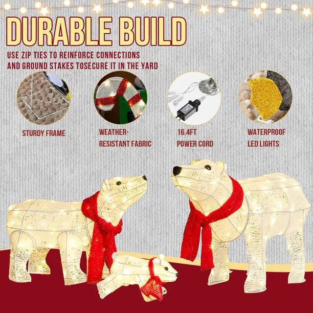 Alt view image 5 of 7 - Yescom 3 Pcs Lighted Christmas Polar Bear Family Decorations with 190 LEDs for Xmas Outdoor Indoor Decor Lighted Holiday Displays