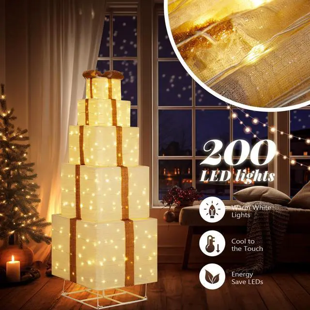 Alt view image 3 of 7 - Yescom 6FT Pre-lit Lighted Christmas Beige Gift Box Tower with 200 LEDs for Indoor/Outdoor Yard Porch Lawn Holiday Decor