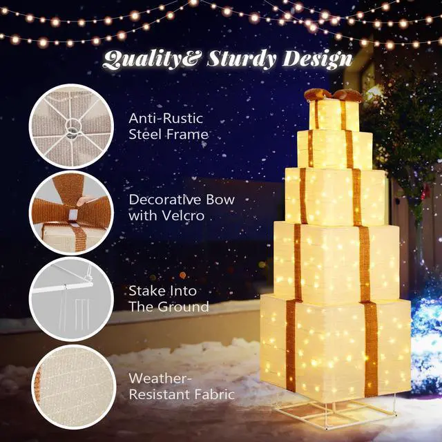 Alt view image 4 of 7 - Yescom 6FT Pre-lit Lighted Christmas Beige Gift Box Tower with 200 LEDs for Indoor/Outdoor Yard Porch Lawn Holiday Decor