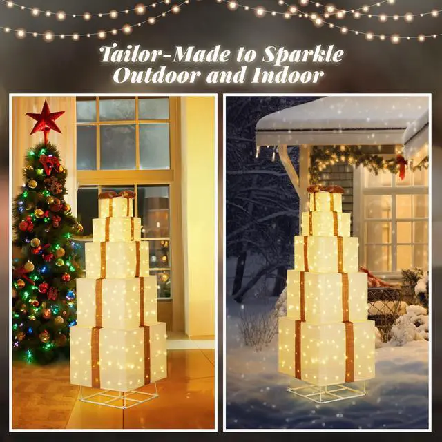Alt view image 5 of 7 - Yescom 6FT Pre-lit Lighted Christmas Beige Gift Box Tower with 200 LEDs for Indoor/Outdoor Yard Porch Lawn Holiday Decor