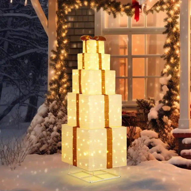 Alt view image 7 of 7 - Yescom 6FT Pre-lit Lighted Christmas Beige Gift Box Tower with 200 LEDs for Indoor/Outdoor Yard Porch Lawn Holiday Decor