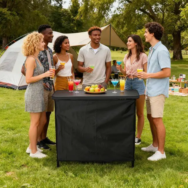 Alt view image 6 of 7 - InstaHibit EZ GO Portable Bar Table Aluminum with Carry Bag Black Skirt for Wedding Camping Tradeshow Party