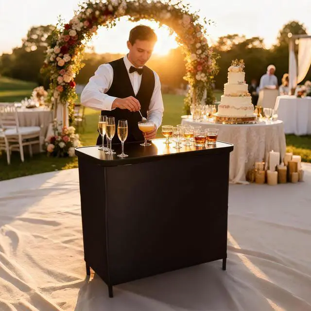 Alt view image 7 of 7 - InstaHibit EZ GO Portable Bar Table Aluminum with Carry Bag Black Skirt for Wedding Camping Tradeshow Party