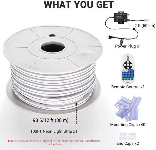 Alt view image 2 of 7 - DELight 100FT Warm White Neon Rope Lights with Remote Control AC 110V IP65 Waterproof Cuttable Dimmable Flexible DIY DEL-D100W