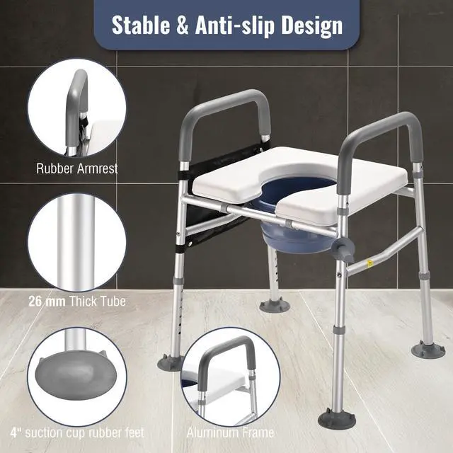 Alt view image 4 of 7 - Yescom Raised Toilet Seat Riser Adjustable Bedside Commode with Handles 375 lb for Seniors Disabled