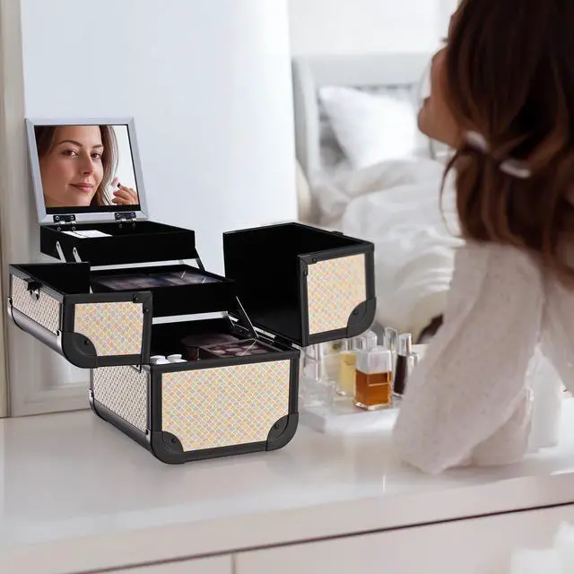 Alt view image 6 of 7 - BYOOTIQUE Rolling Makeup Train Case on Wheels 3-Piece Hairdressing Brush Bags Cosmetology Art Deco Pastel