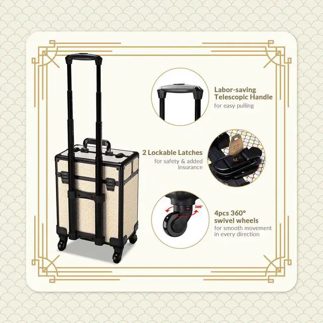 Alt view image 5 of 7 - Byootique Rolling Makeup Train Case on Wheels Cosmetic Trolley Art Deco Pastel