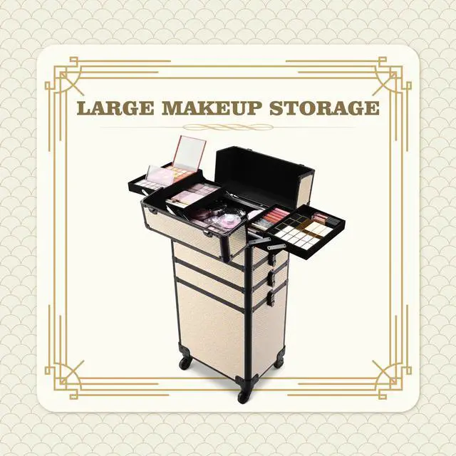 Alt view image 4 of 7 - Byootique Rolling Makeup Train Case on Wheels 4in1 Cosmetology Art Deco Pastel