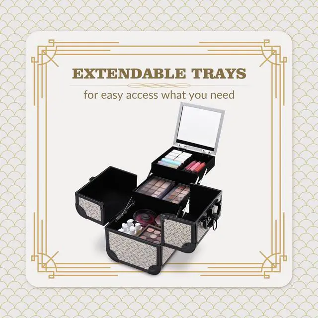 Alt view image 2 of 7 - Byootique Makeup Train Case with Mirror Cosmetic Organizer Art Deco Graphite