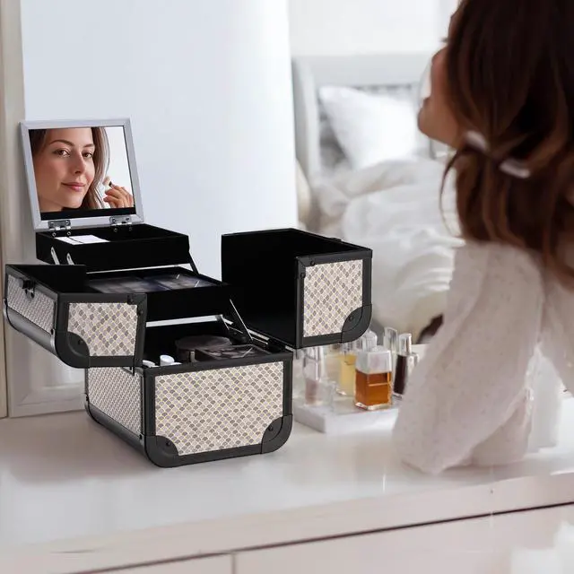 Alt view image 7 of 7 - Byootique Makeup Train Case with Mirror Cosmetic Organizer Art Deco Graphite