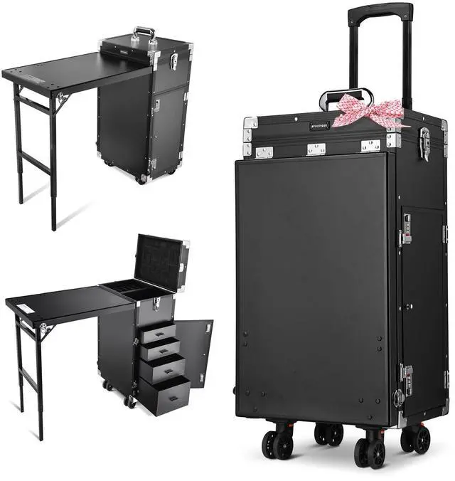 Main image of Byootique Portable Manicure Table Desk for Nail Tech Organizer Rolling Makeup Case with Wheels and Telescopic Handle for Manicurist Technician, Black