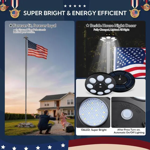 Alt view image 2 of 7 - Yescom Bravery 20Ft Heavy Duty Sectional 13Gauge Aluminum Flag Pole Kit with 136 LED Solar Light US Flag Top Outside House Outdoor