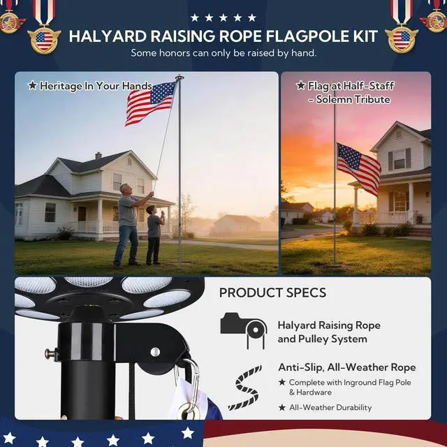 Alt view image 5 of 7 - Yescom Bravery 20Ft Heavy Duty Sectional 13Gauge Aluminum Flag Pole Kit with 136 LED Solar Light US Flag Top Outside House Outdoor