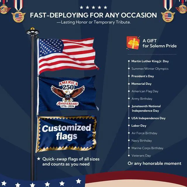 Alt view image 6 of 7 - Yescom Bravery 20Ft Heavy Duty Sectional 13Gauge Aluminum Flag Pole Kit with 136 LED Solar Light US Flag Top Outside House Outdoor