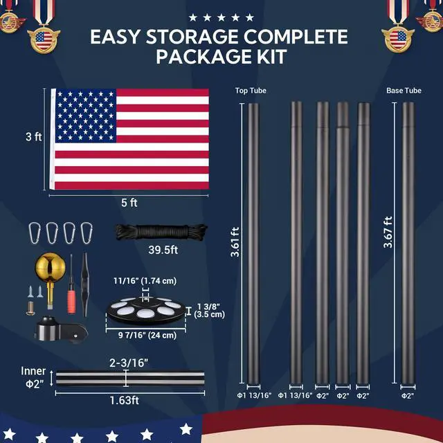 Alt view image 7 of 7 - Yescom Bravery 20Ft Heavy Duty Sectional 13Gauge Aluminum Flag Pole Kit with 136 LED Solar Light US Flag Top Outside House Outdoor