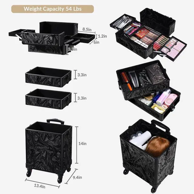 Alt view image 2 of 7 - Byootique 4in1 Rolling Makeup Case with 2 Makeup Brush Bag, Cosmetic Train Case on Wheels for Makeup Artist Travel Hairstylist