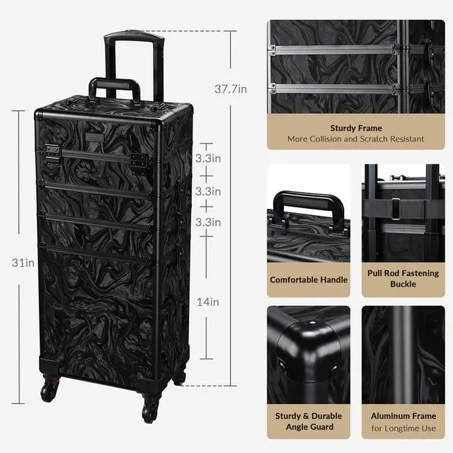 Alt view image 7 of 7 - Byootique 4in1 Rolling Makeup Case with 2 Makeup Brush Bag, Cosmetic Train Case on Wheels for Makeup Artist Travel Hairstylist