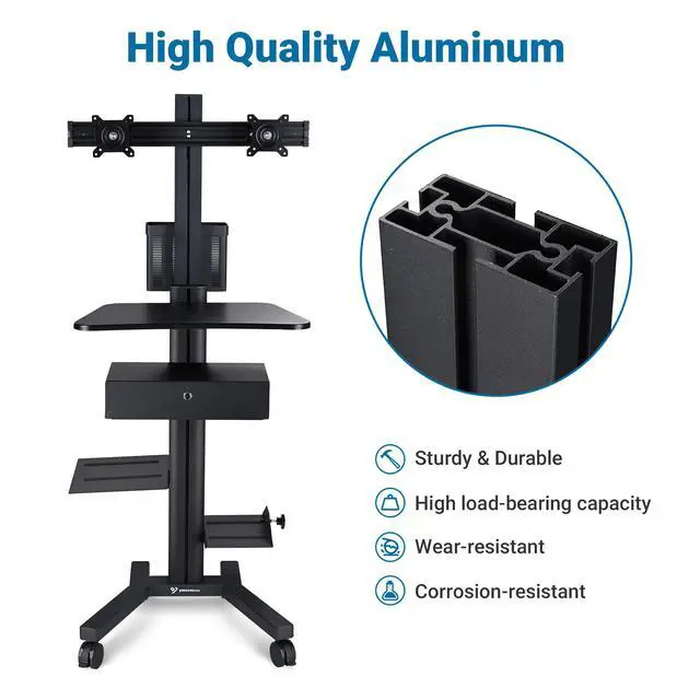 Alt view image 3 of 7 - Yescom Mobile Computer Cart Dual Monitor Mount with Drawer Silver