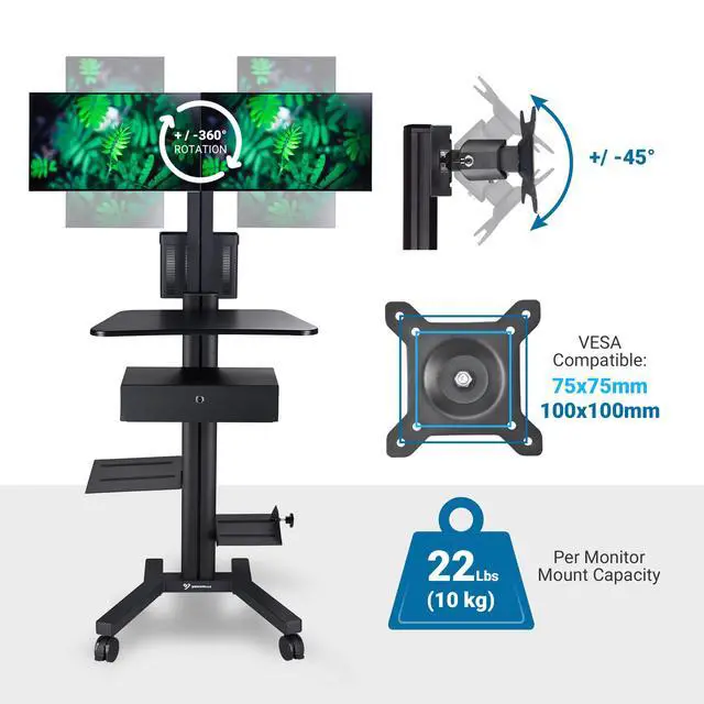 Alt view image 4 of 7 - Yescom Mobile Computer Cart Dual Monitor Mount with Drawer Silver