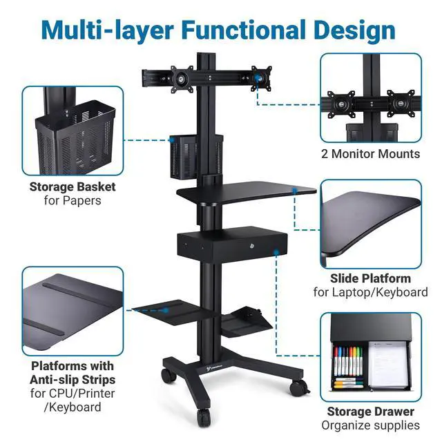 Alt view image 5 of 7 - Yescom Mobile Computer Cart Dual Monitor Mount with Drawer Silver