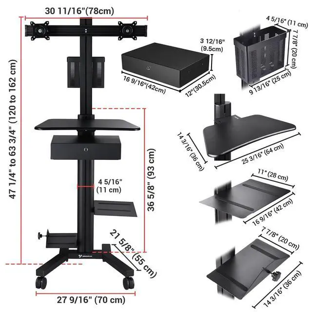 Alt view image 7 of 7 - Yescom Mobile Computer Cart Dual Monitor Mount with Drawer Silver