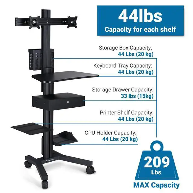 Alt view image 6 of 7 - Yescom Mobile Computer Cart Dual Monitor Mount with Drawer Silver