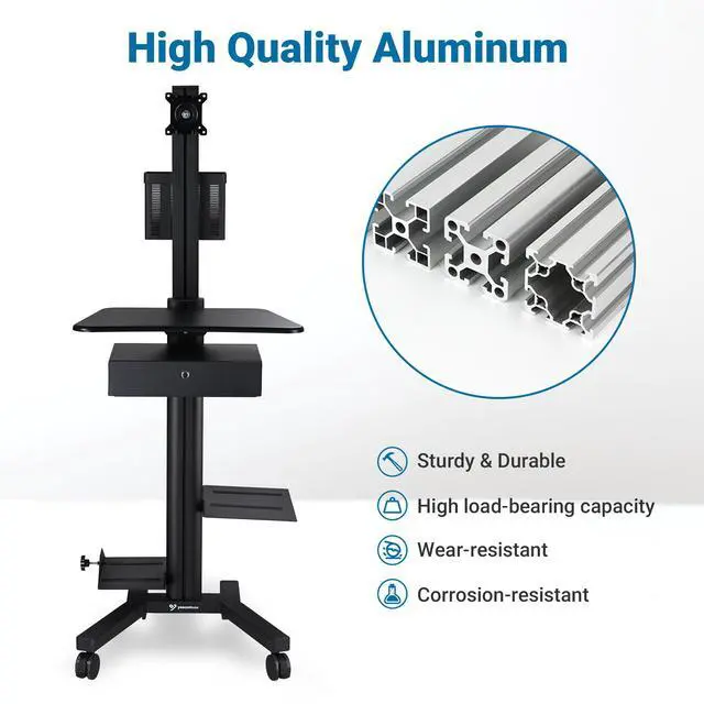 Alt view image 3 of 7 - Yescom Mobile Computer Cart Rolling PC Stand Desk Workstation with Drawer Black