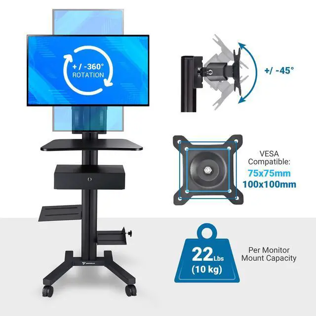 Alt view image 4 of 7 - Yescom Mobile Computer Cart Rolling PC Stand Desk Workstation with Drawer Black
