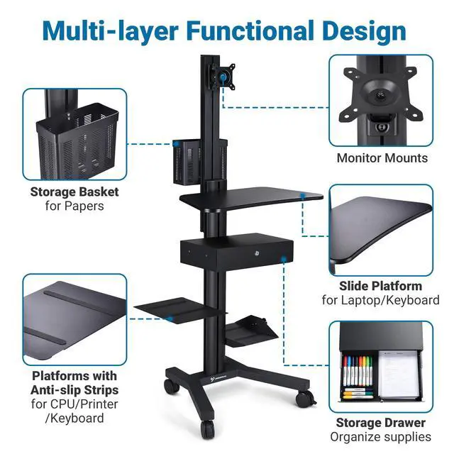 Alt view image 5 of 7 - Yescom Mobile Computer Cart Rolling PC Stand Desk Workstation with Drawer Black