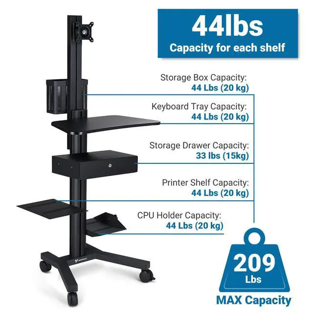 Alt view image 6 of 7 - Yescom Mobile Computer Cart Rolling PC Stand Desk Workstation with Drawer Black