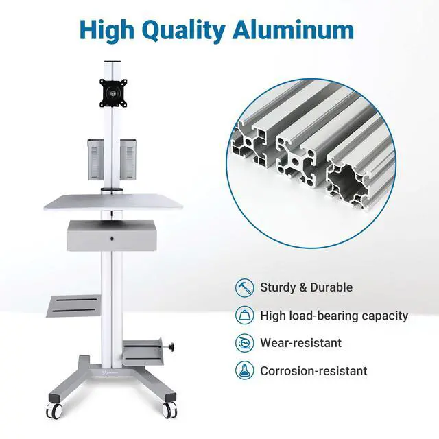 Alt view image 3 of 7 - Yescom Mobile Computer Cart Rolling PC Stand Desk Workstation with Drawer Silver