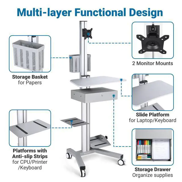 Alt view image 5 of 7 - Yescom Mobile Computer Cart Rolling PC Stand Desk Workstation with Drawer Silver