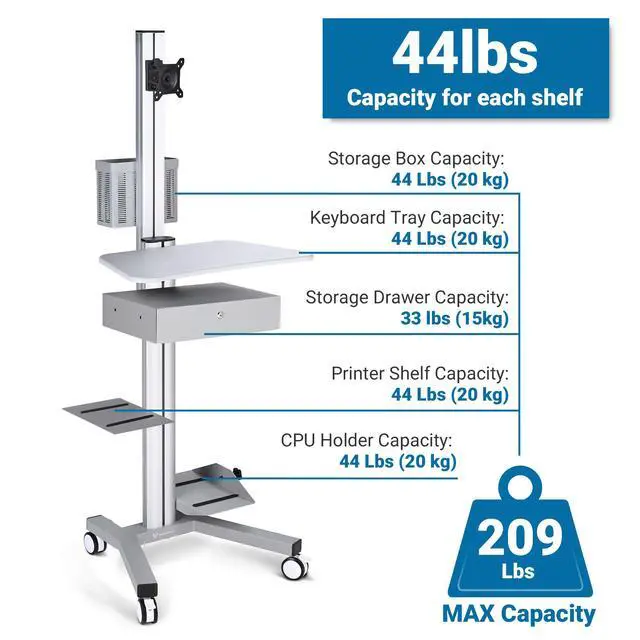 Alt view image 6 of 7 - Yescom Mobile Computer Cart Rolling PC Stand Desk Workstation with Drawer Silver