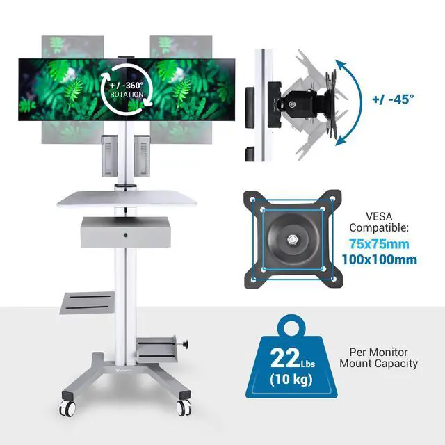 Alt view image 4 of 7 - Yescom Mobile Computer Cart Dual Monitor Mount with Drawer Black