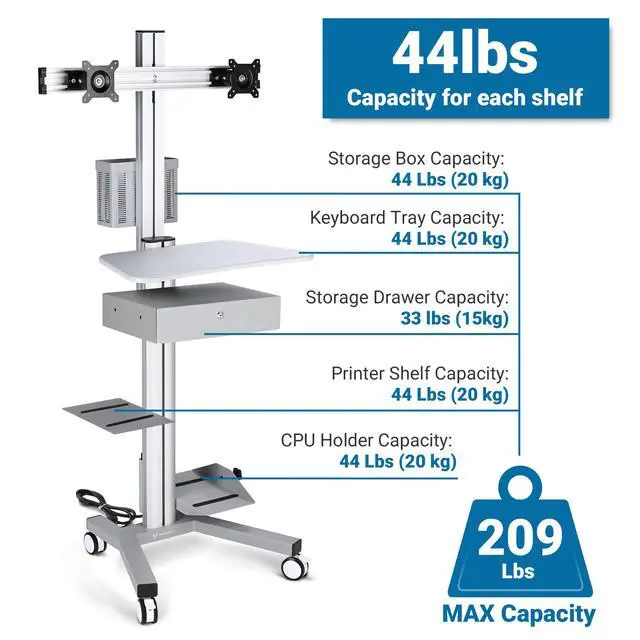 Alt view image 6 of 7 - Yescom Mobile Computer Cart Dual Monitor Mount with Drawer Black