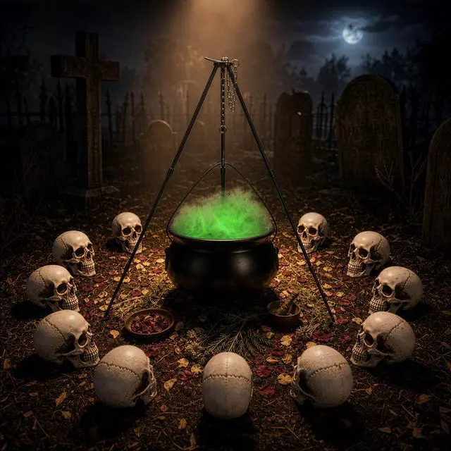 Alt view image 2 of 7 - Yescom 12PCS Life-Size Skulls w/ Cauldron Tripod LED Lights Halloween Decor
