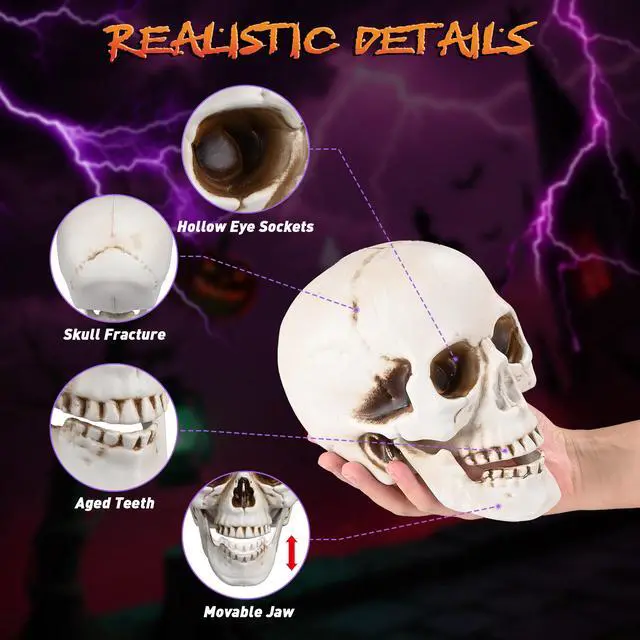 Alt view image 4 of 7 - Yescom 12PCS Life-Size Skulls w/ Cauldron Tripod LED Lights Halloween Decor